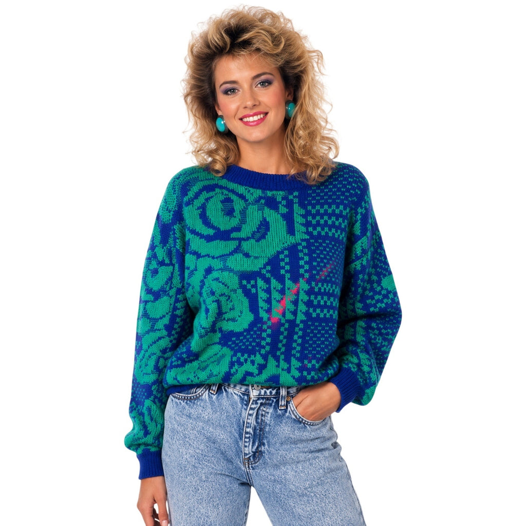 Vintage 80s A'Milano Blue Green Floral Geometric Acrylic Sweater Women's Medium