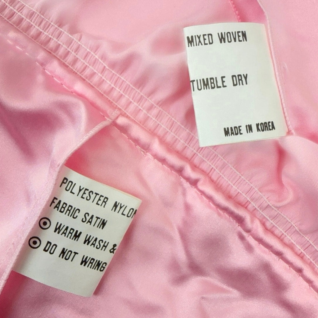 Vintage 80s Pink Satin Ruffle Pillowcase Set Embroidered Branch Korea Pair