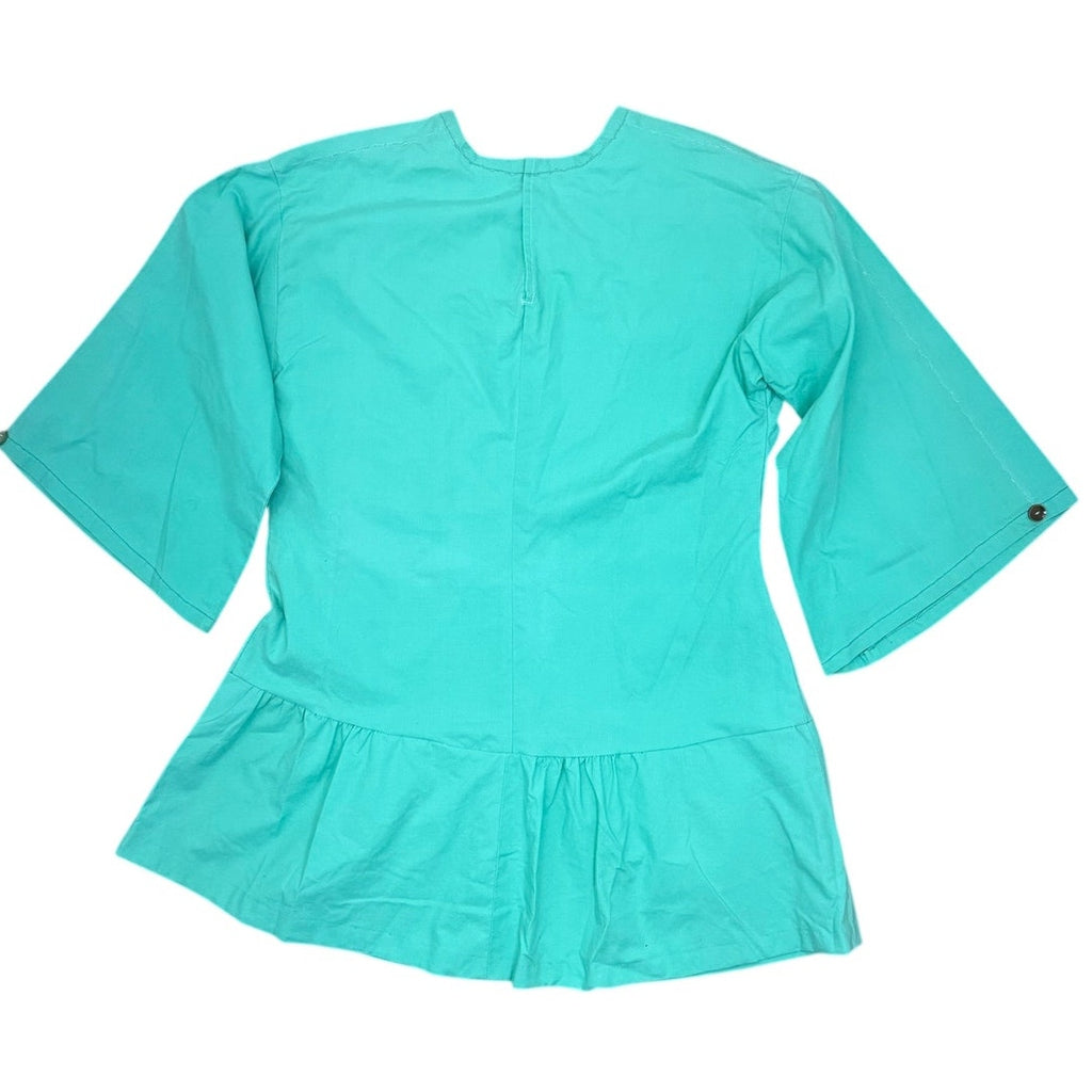 Vintage Style Aqua Home Sewn Peasant Dress Embroidered Ruffle 42 Bust