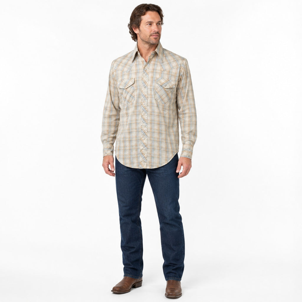 Vintage 80s Mens Blue Tan Plaid Pearl Snap Western Shirt Medium