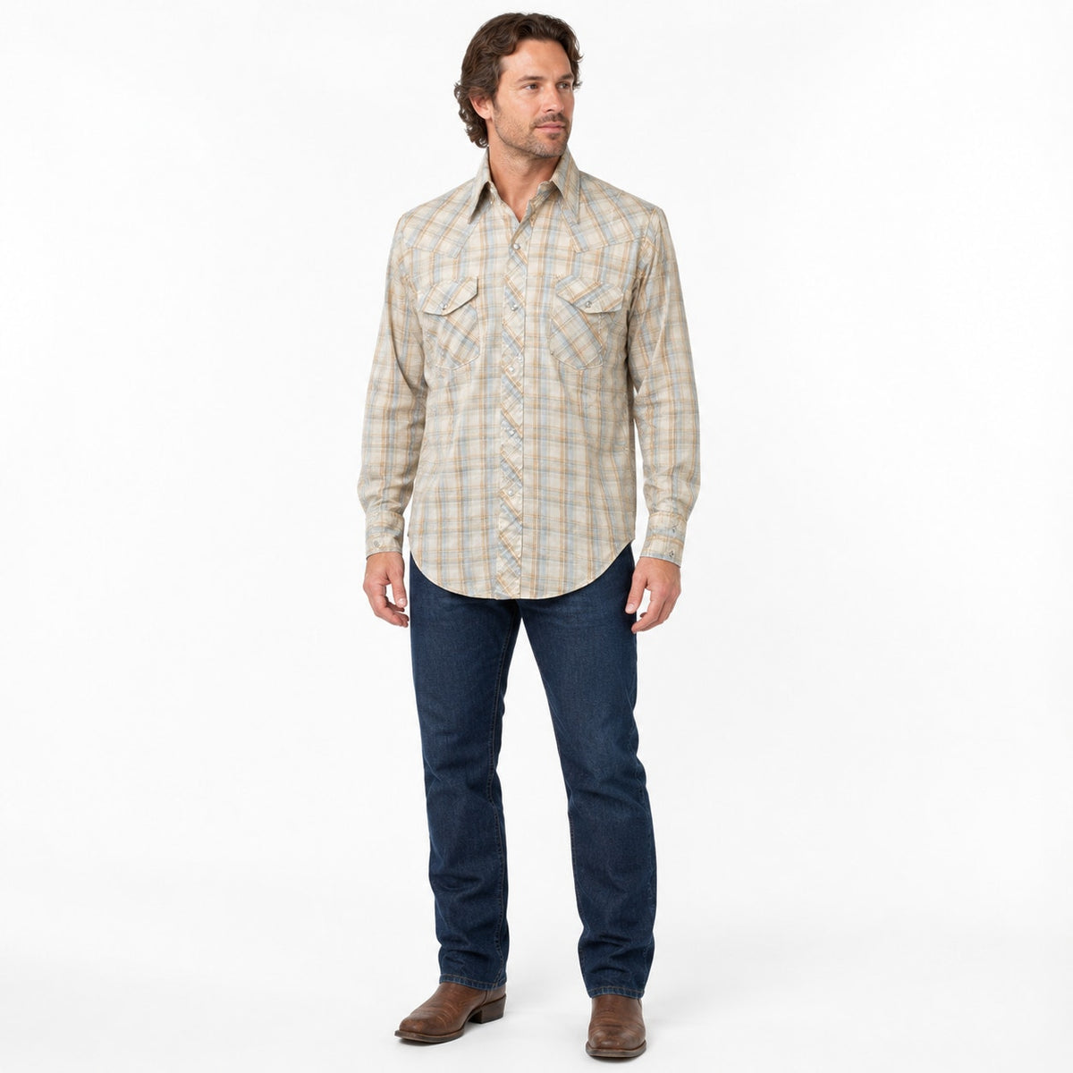 Vintage 80s Mens Blue Tan Plaid Pearl Snap Western Shirt Medium