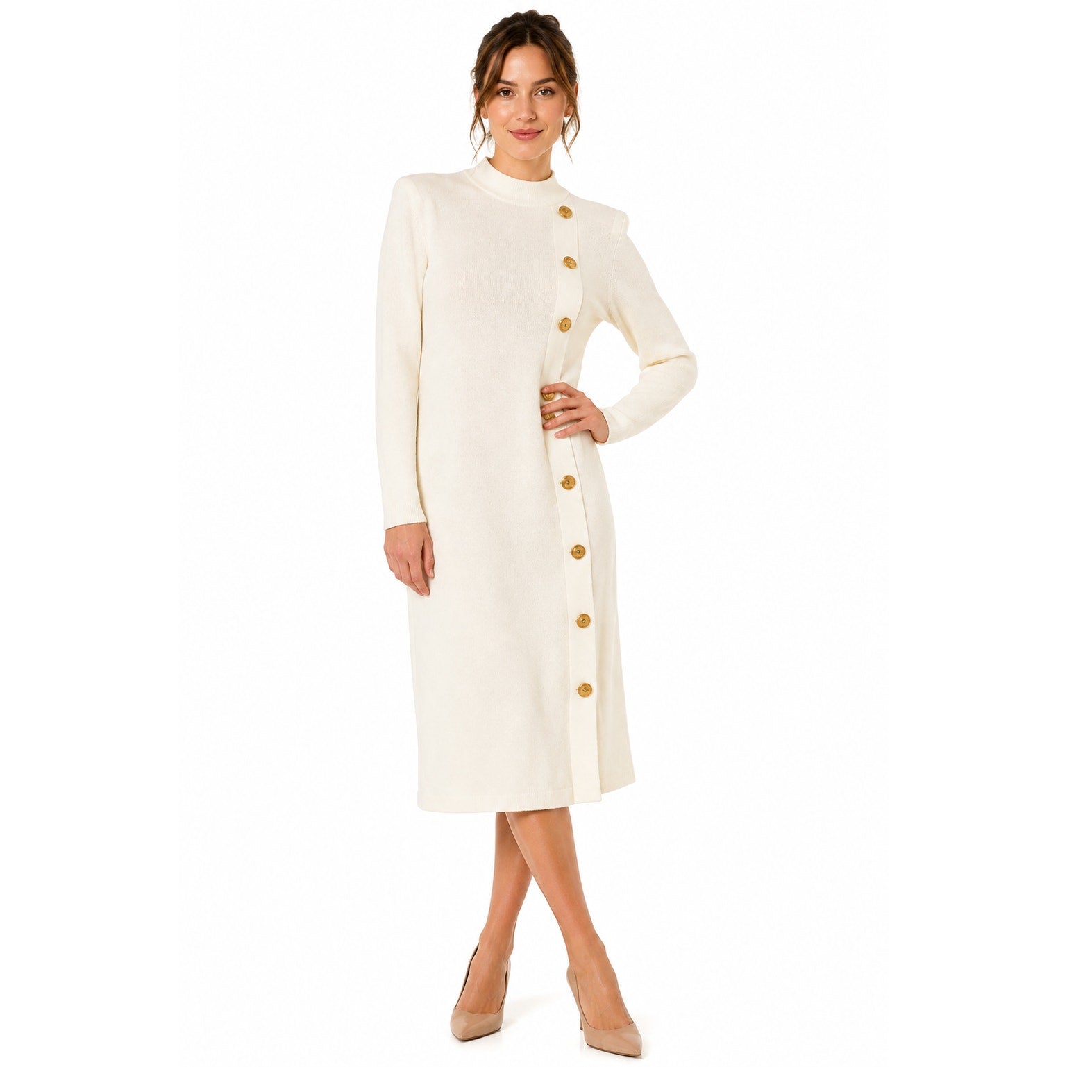 Vintage 80s Positive Attitude Ivory Sweater Dress Gold Anchor Buttons Medium