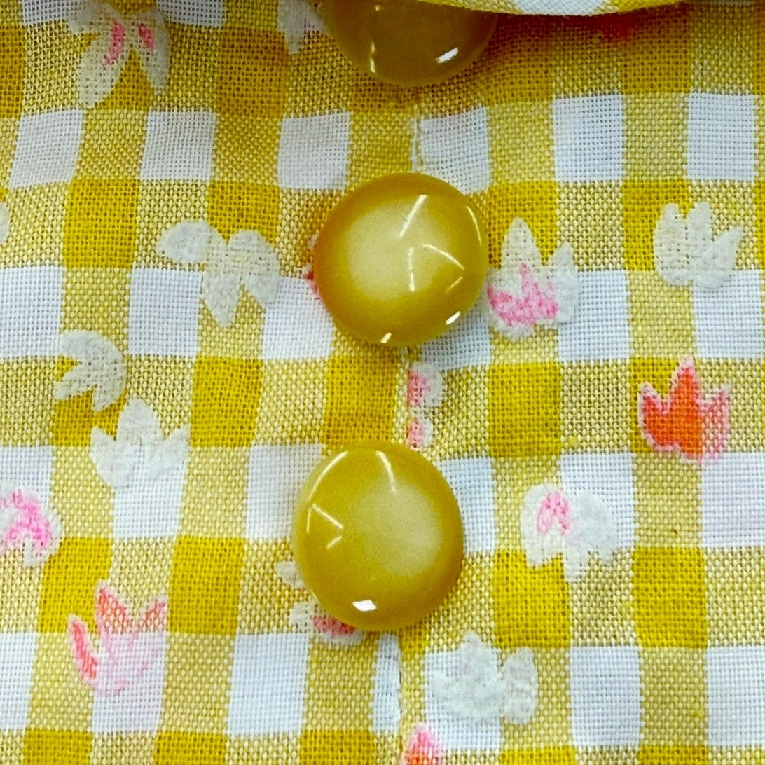 Vintage 70s Home Sewn Yellow Gingham Floral Mini Dress Ruffle Hem S
