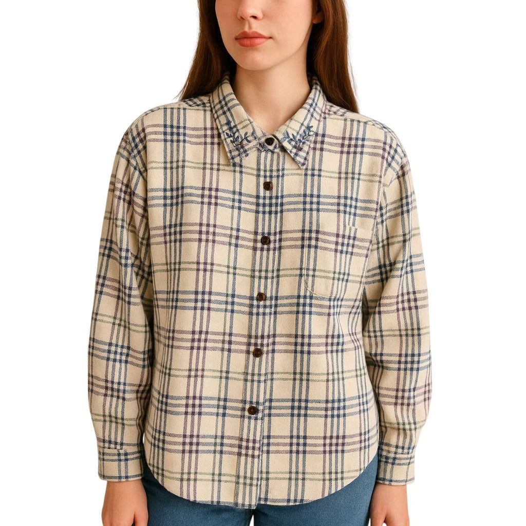 Vintage Plaid Flannel Button Down Shirt Roll Tab Embroidered Women's Medium