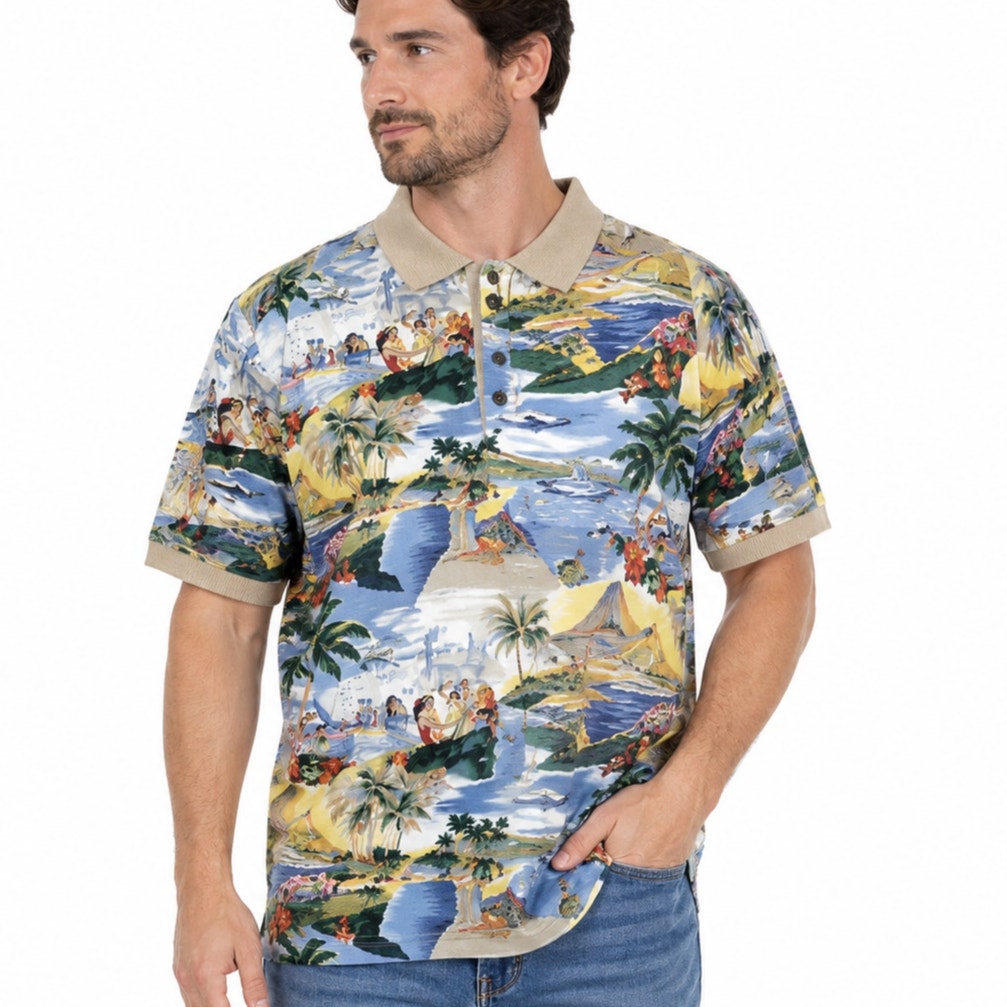 Vintage 90s Men's XL Reyn Spooner Hawaiian Polo Shirt Rayon Hula Dancer Island