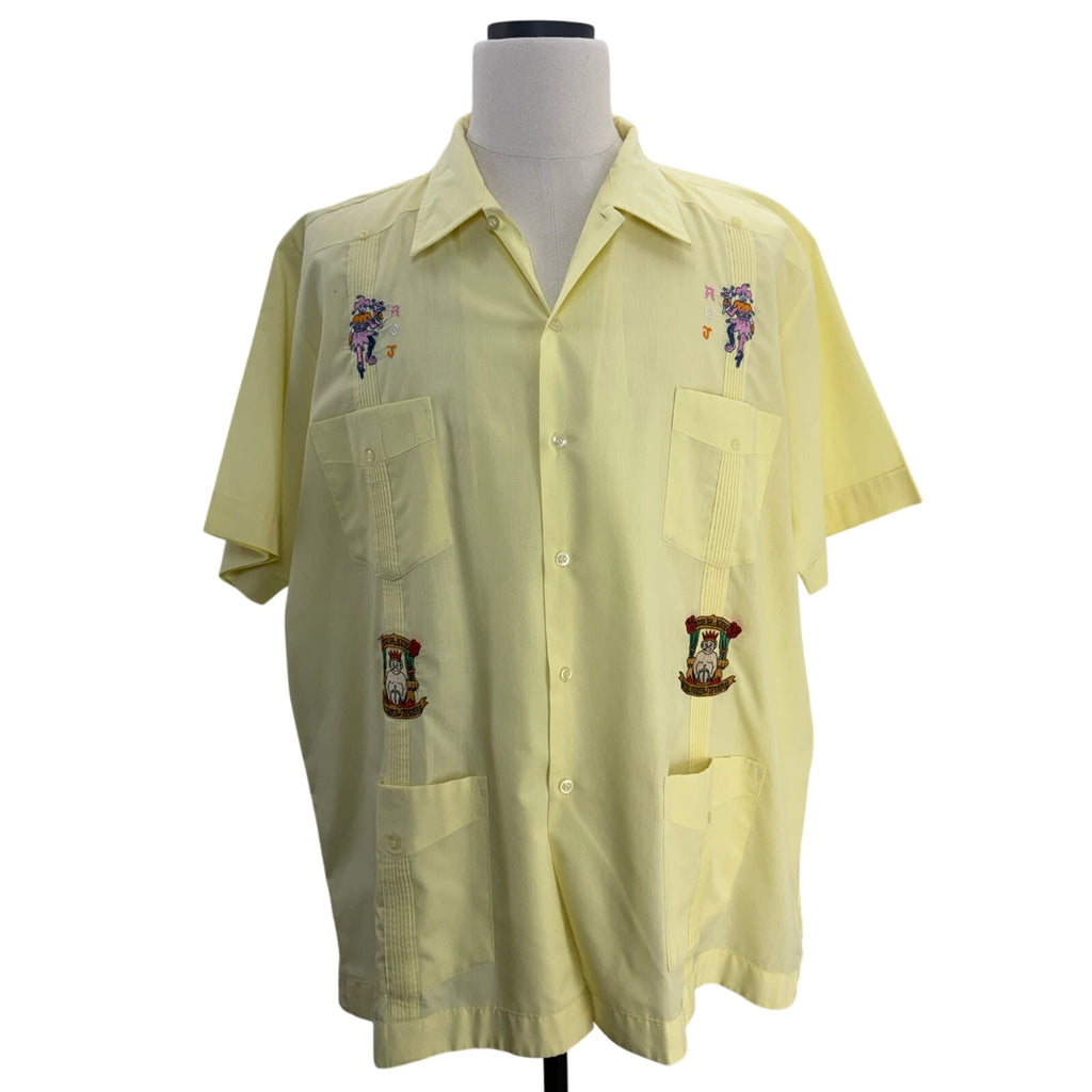 Vintage 90s ROJ Jester Embroidered Camp Shirt Mens XL Yellow Button Front