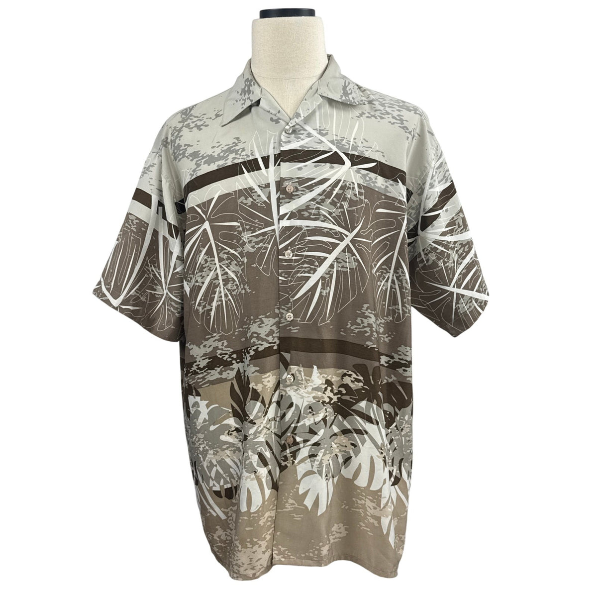Vintage 90s Koman Sport Taupe Foliage Hawaiian Shirt Men’s Large