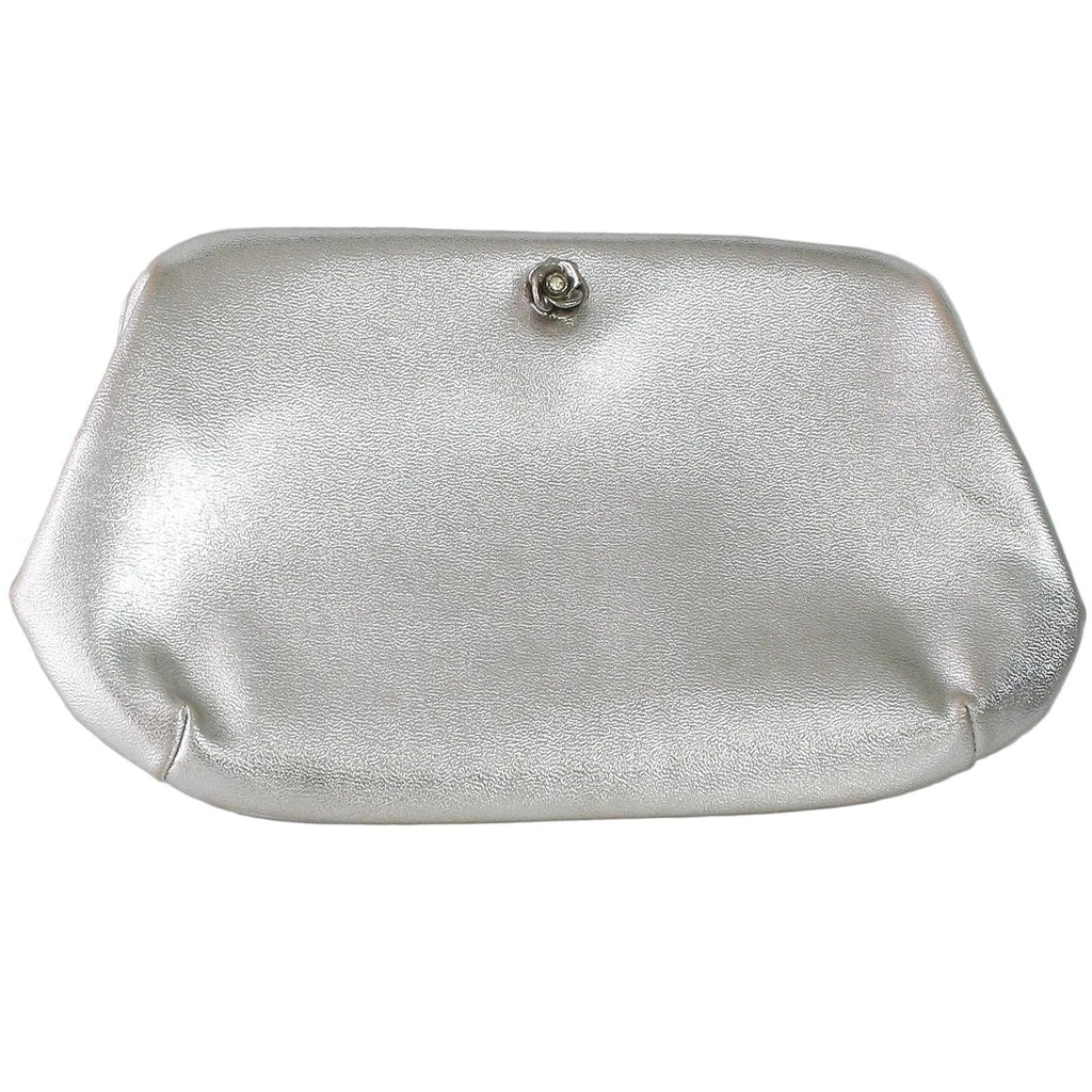 Vintage 70s Lewisette Silver Metallic Clutch Rhinestone Floral Latch