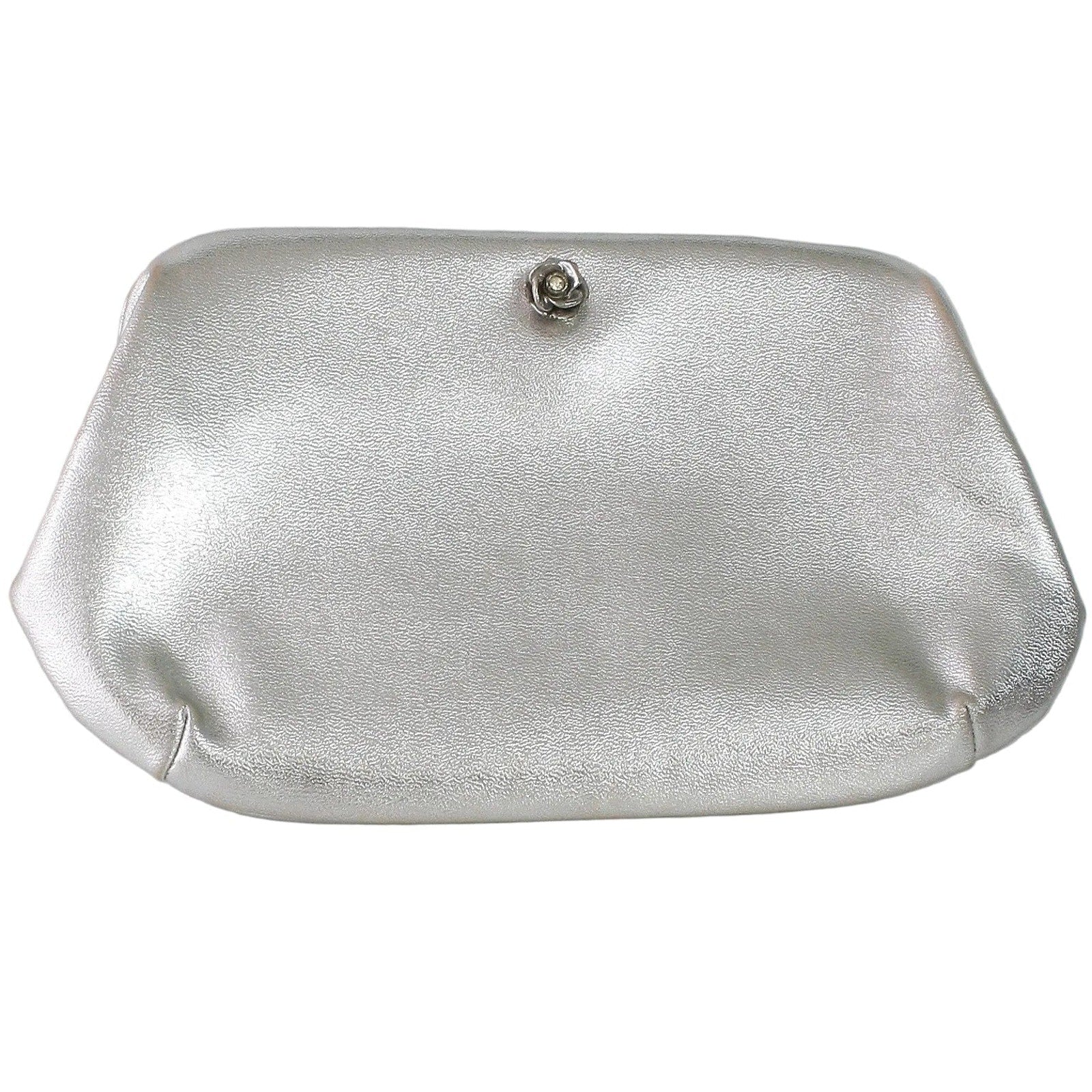 Vintage 70s Lewisette Silver Metallic Clutch Rhinestone Floral Latch