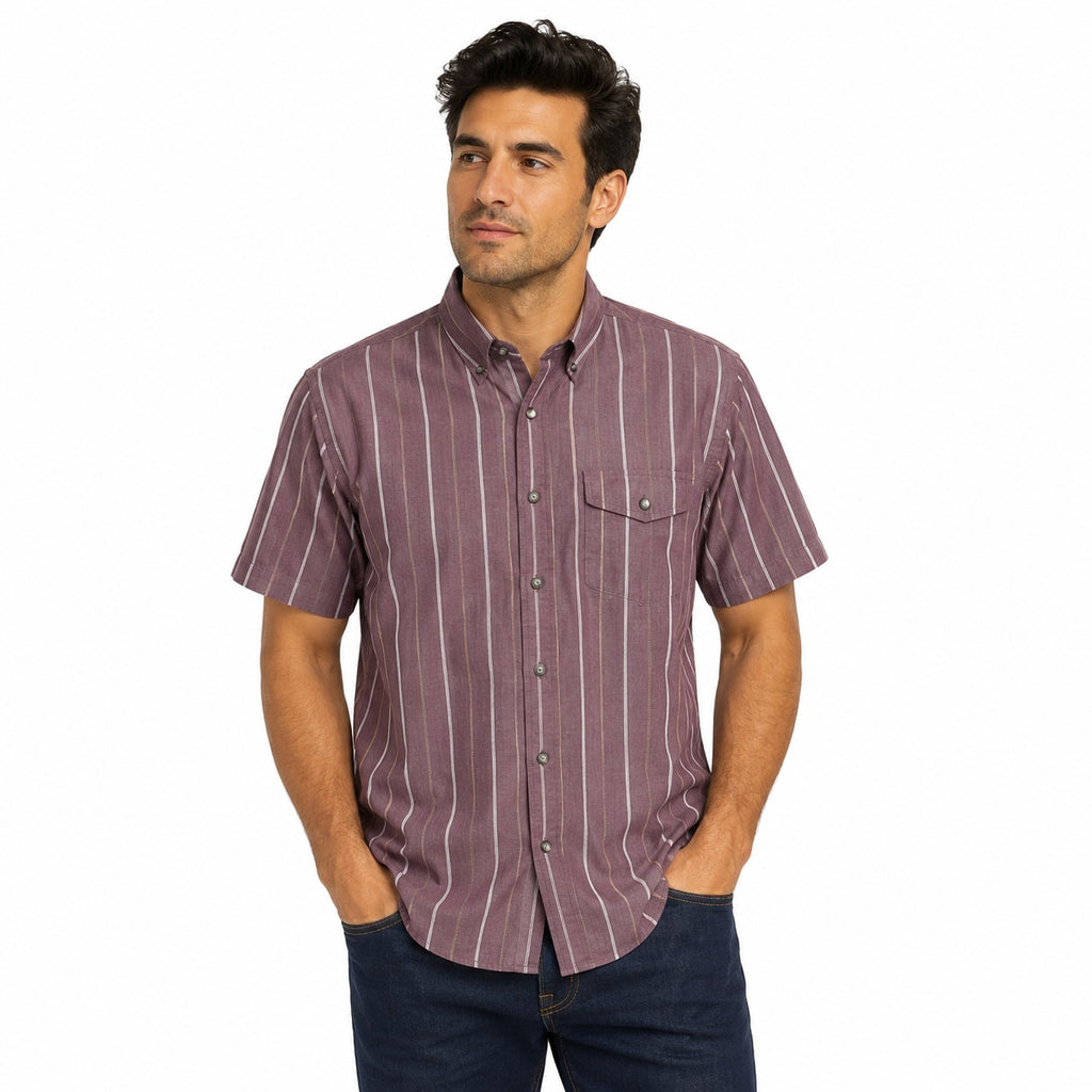 Vintage 80s Men's Large Button Down Shirt Short Sleeve Striped Plum Red