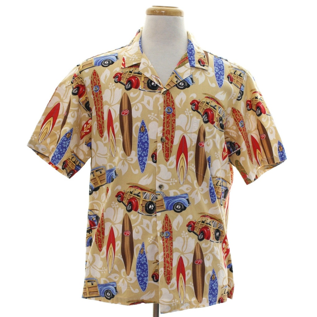 Vintage 90s Hawaii Surfboard Woodie Wagon Hawaiian Cotton Camp Shirt Large
