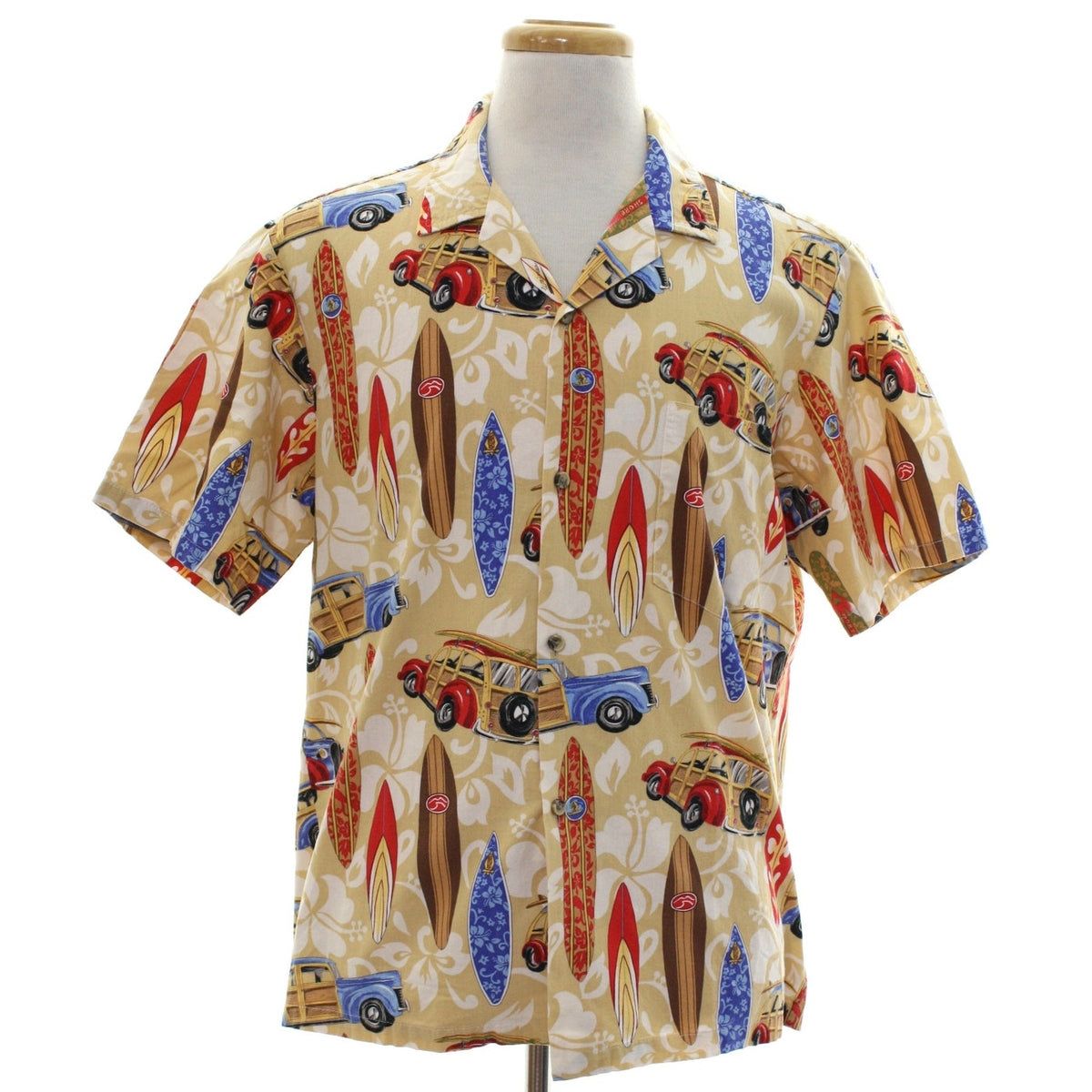 Vintage 90s Hawaii Surfboard Woodie Wagon Hawaiian Cotton Camp Shirt Large