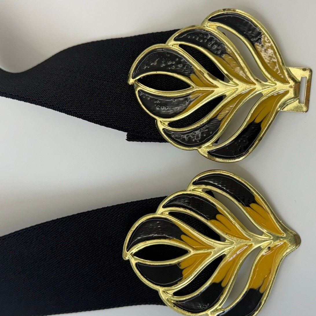 Vintage 80s Black Stretch Waist Belt Gold Leaf Buckle Wide Elastic 28”