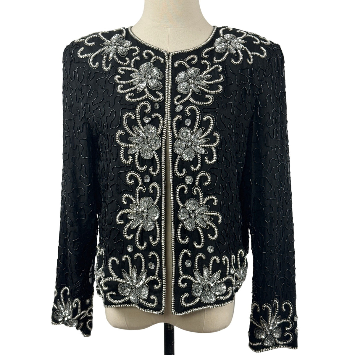 Vintage 80s Nite Line Black Silk Silver Beaded Sequin Jacket Women's Medium