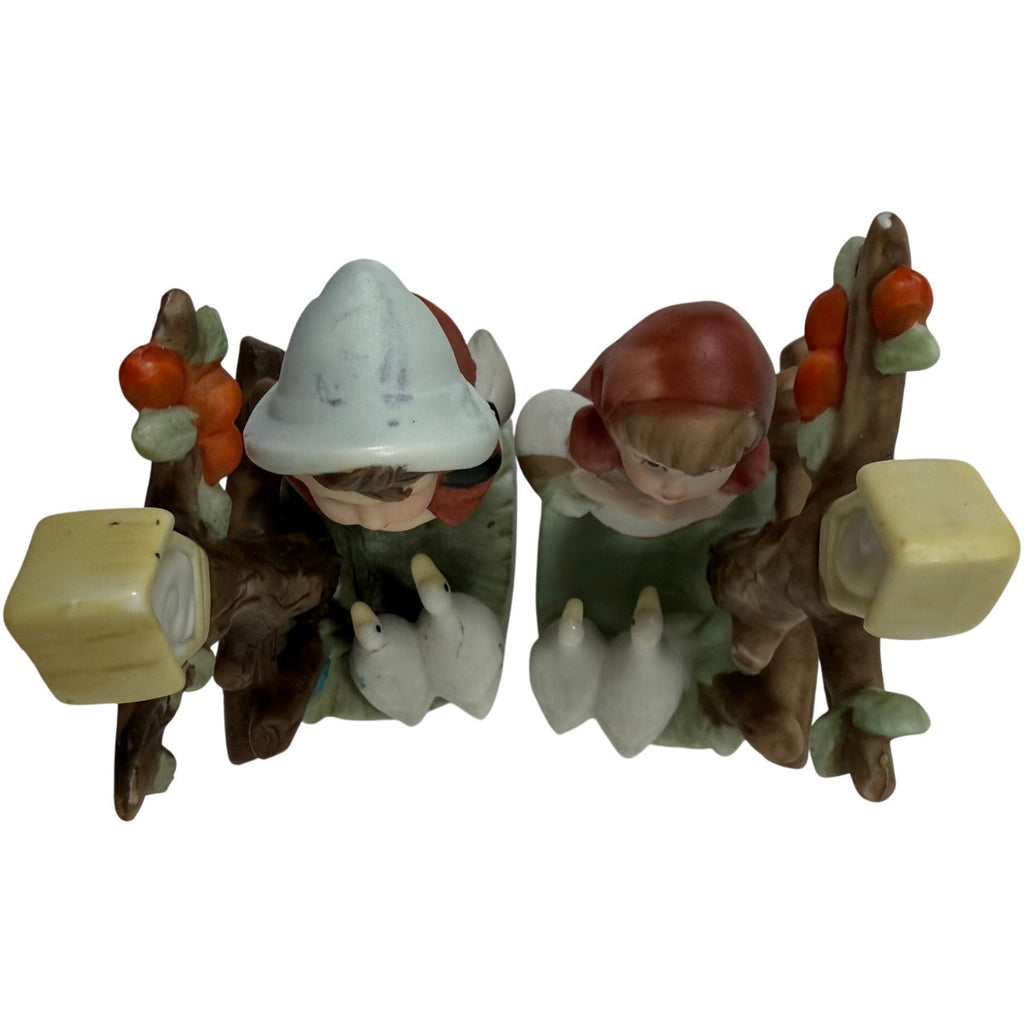 Vintage 80s Taiwan Boy & Girl Figurine Set with Geese Farm Scene Porcelain