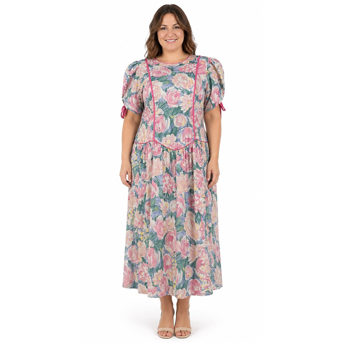 Vintage 1980s Lisa II Floral Cotton Midi Dress Size 14 Union Made USA
