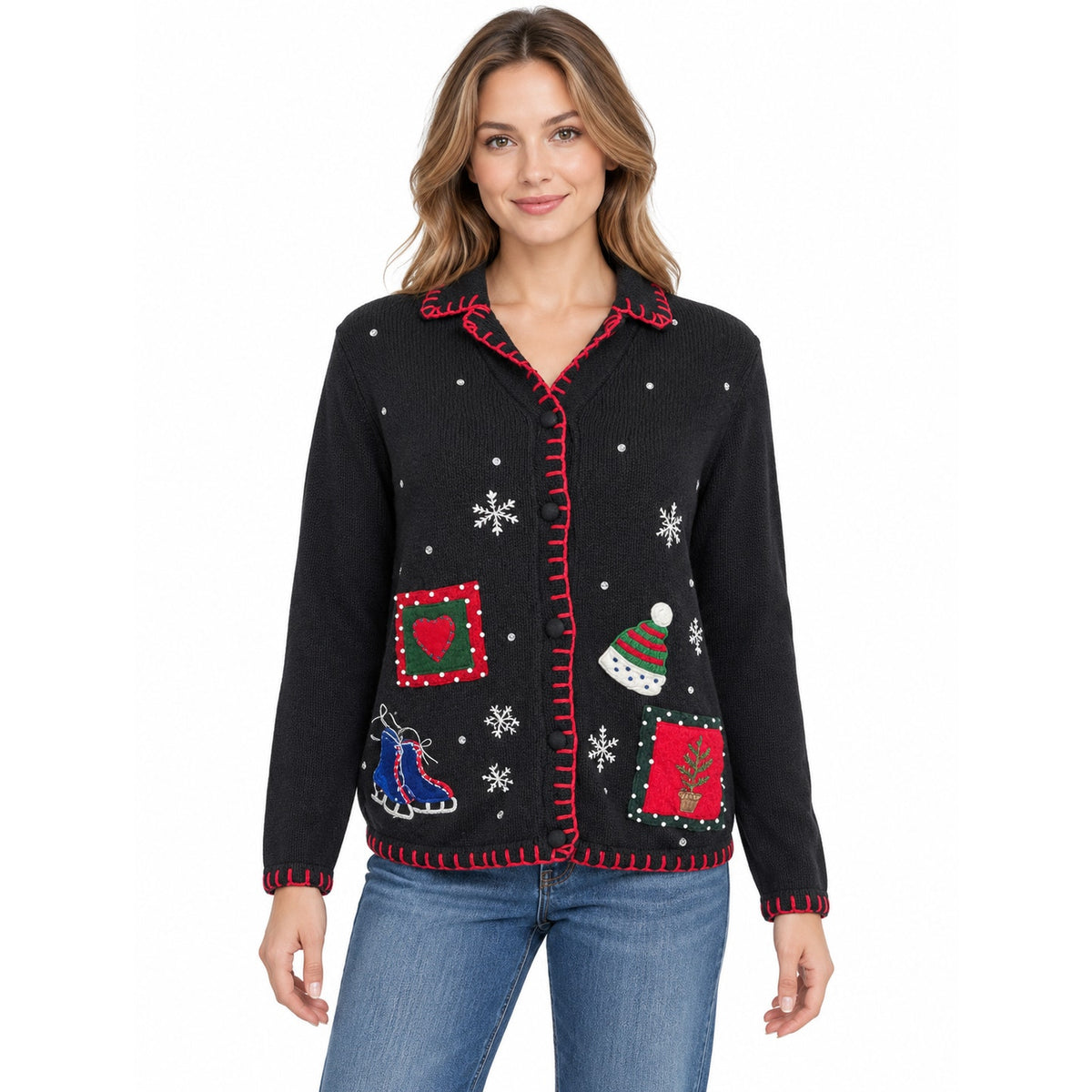 Vintage 80s Basic Editions Black Snowman Christmas Cardigan Sweater Medium