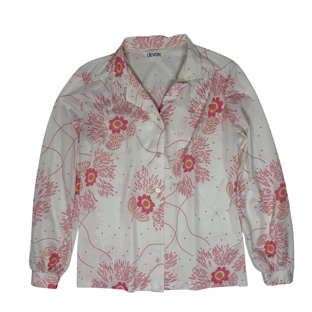 Vintage 70s Devon Pink Floral Button Front Blouse Long Sleeve Women’s S/M