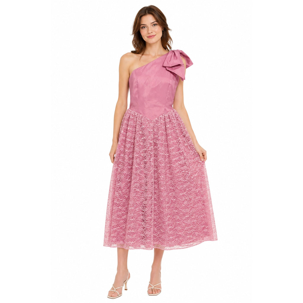 Vintage 1980s Mauve Lace One Shoulder Bow Formal Midi Dress Women's Small