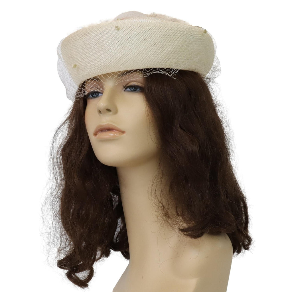 Vintage 1960s Clover Lane Ivory Pillbox Hat with Veil & Pink Bow