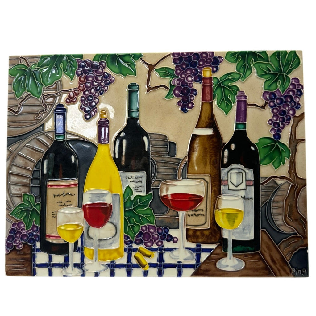 Vintage 90s Ping Signed Wine Tile Wall Art Grapes Ceramic Plaque
