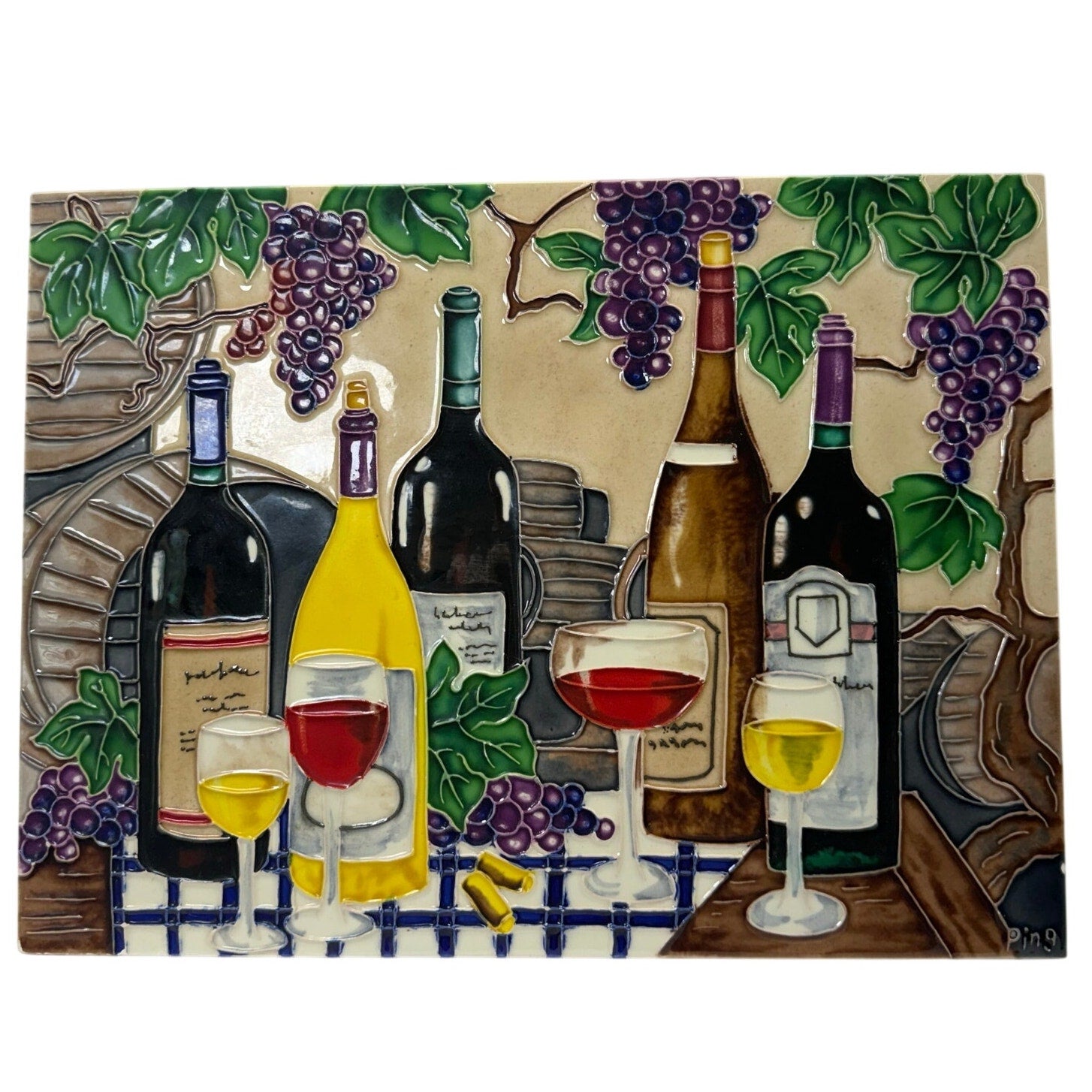 Vintage 90s Wine Tile Wall Art Grapes Ceramic Plaque Ping Signed
