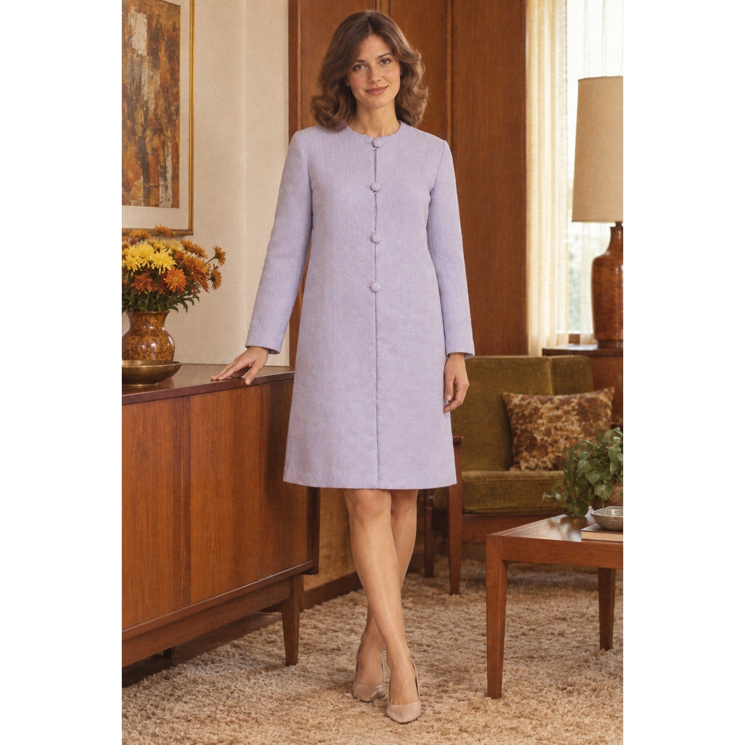 Vintage 70s Home Sewn Lavender Bouclé Dress Jacket Set Women’s XS