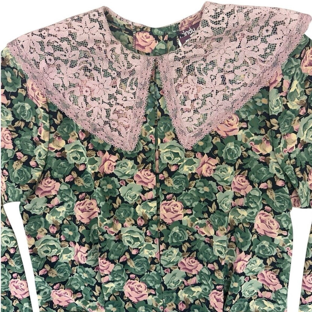 Vintage 80s Mindy Malone Floral Rayon Midi Dress Lace Collar Women's 4