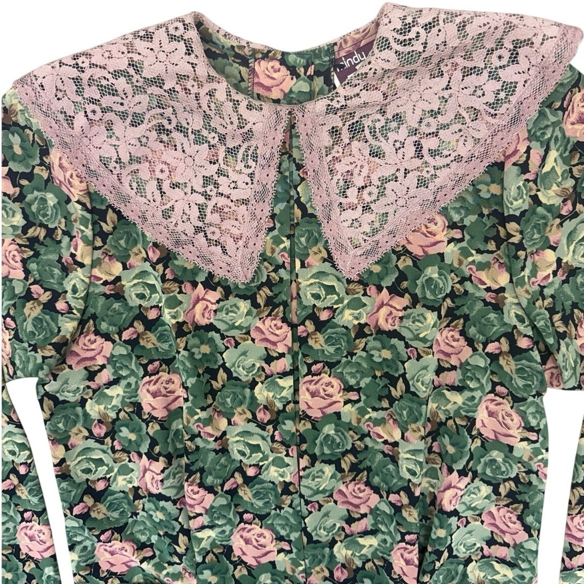 Vintage 80s Mindy Malone Floral Rayon Midi Dress Lace Collar Women's 4