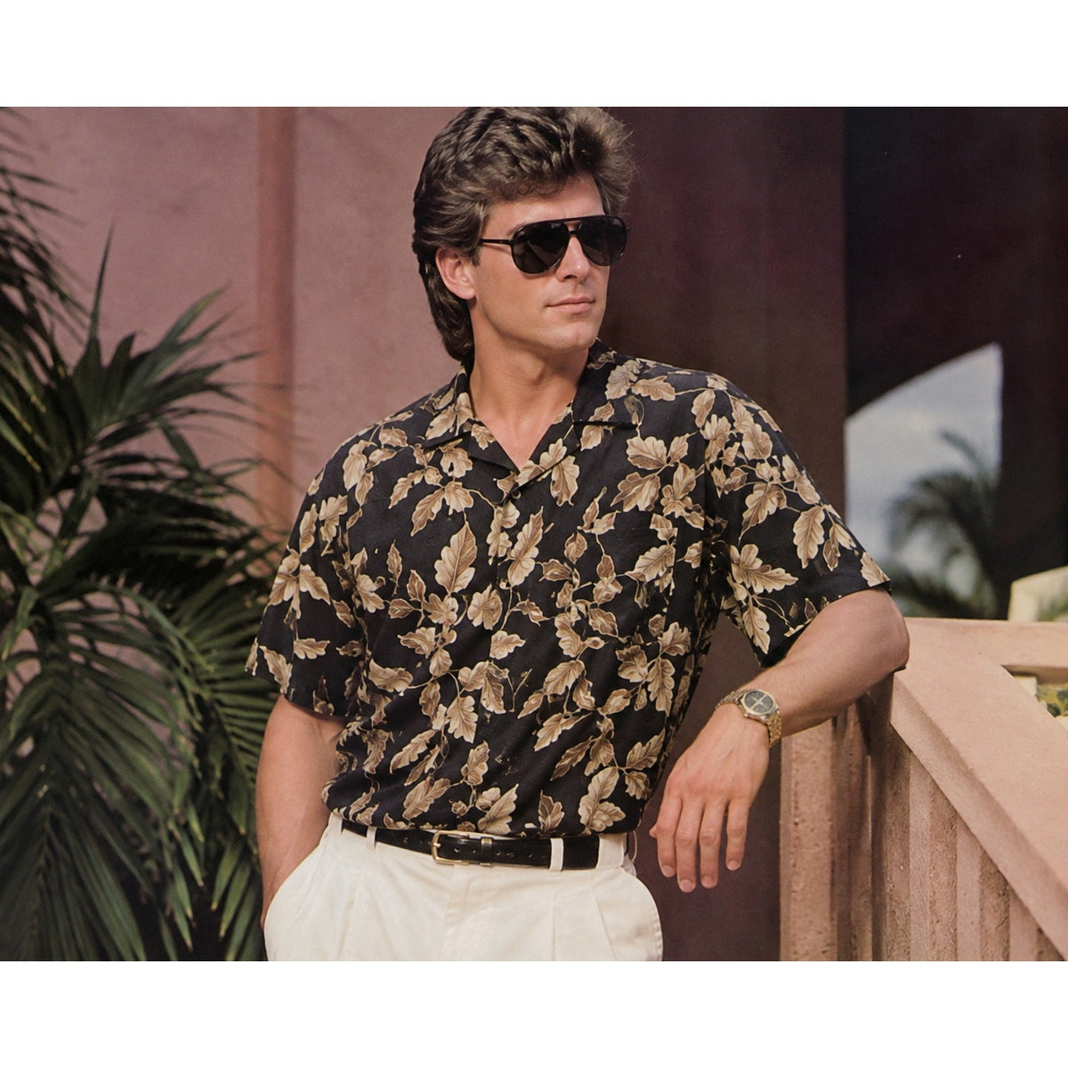 Vintage 80s Pierre Cardin Mens XL Black Tan Foliage Cotton Hawaiian Shirt