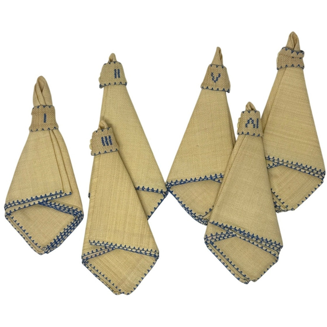 Vintage 80s Yellow Linen Napkins & Rings Set Hand Stitched Blue