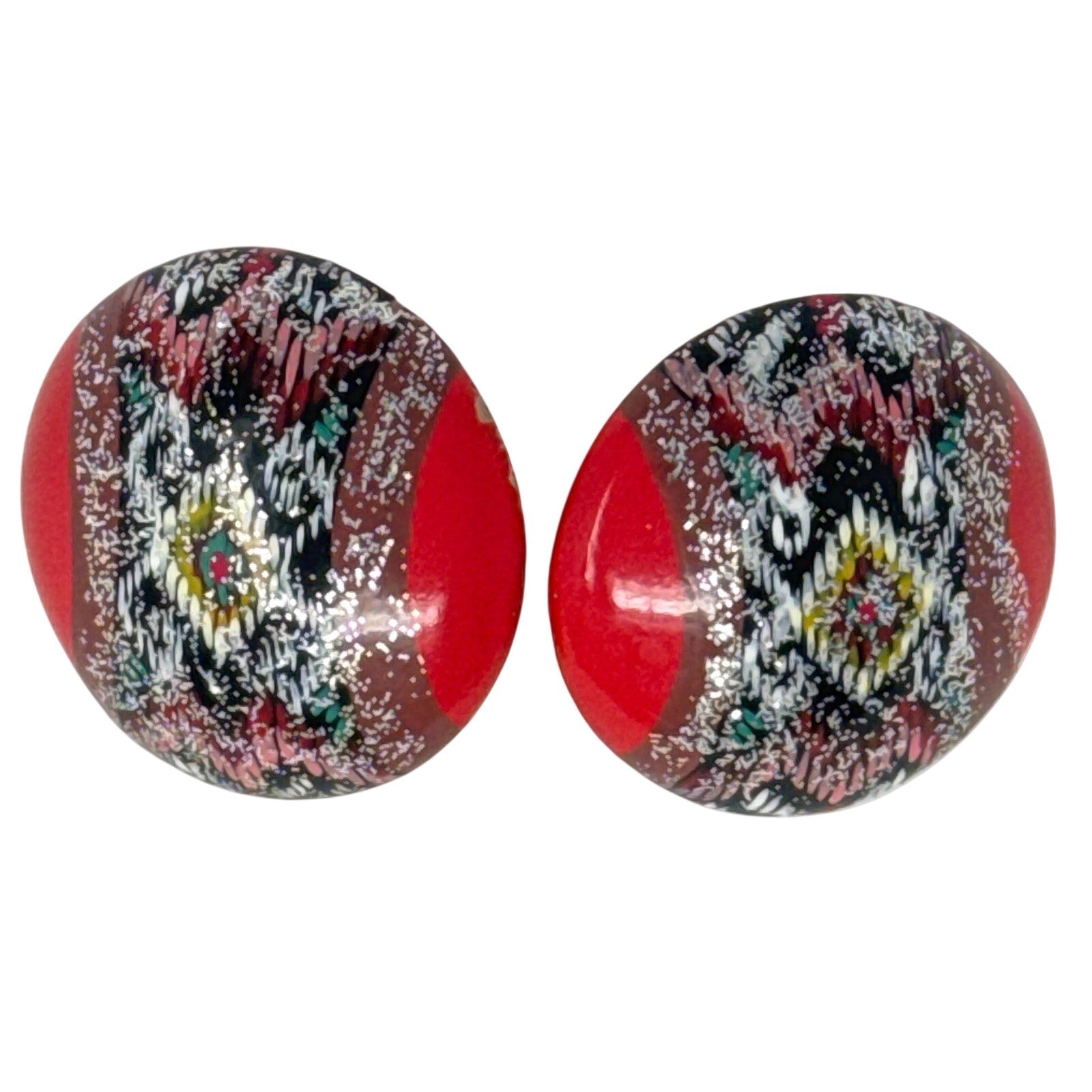 Vintage 60s Tomato Red Clip On Earrings Silver Glitter Mod Mid Century