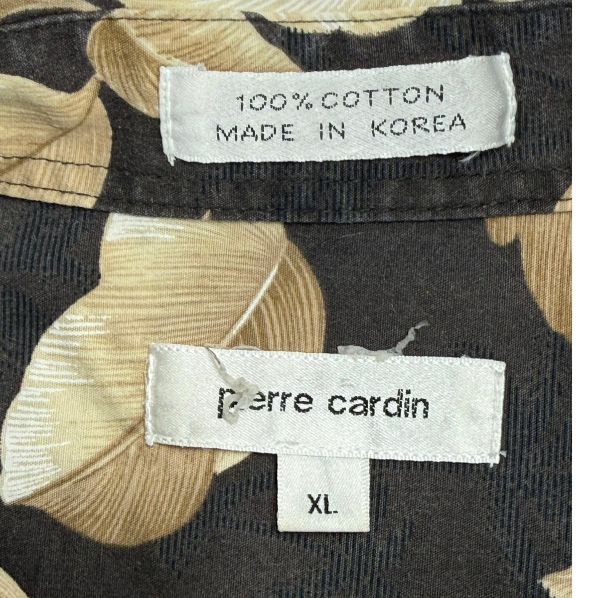 Vintage 80s Pierre Cardin Mens XL Black Tan Foliage Cotton Hawaiian Shirt