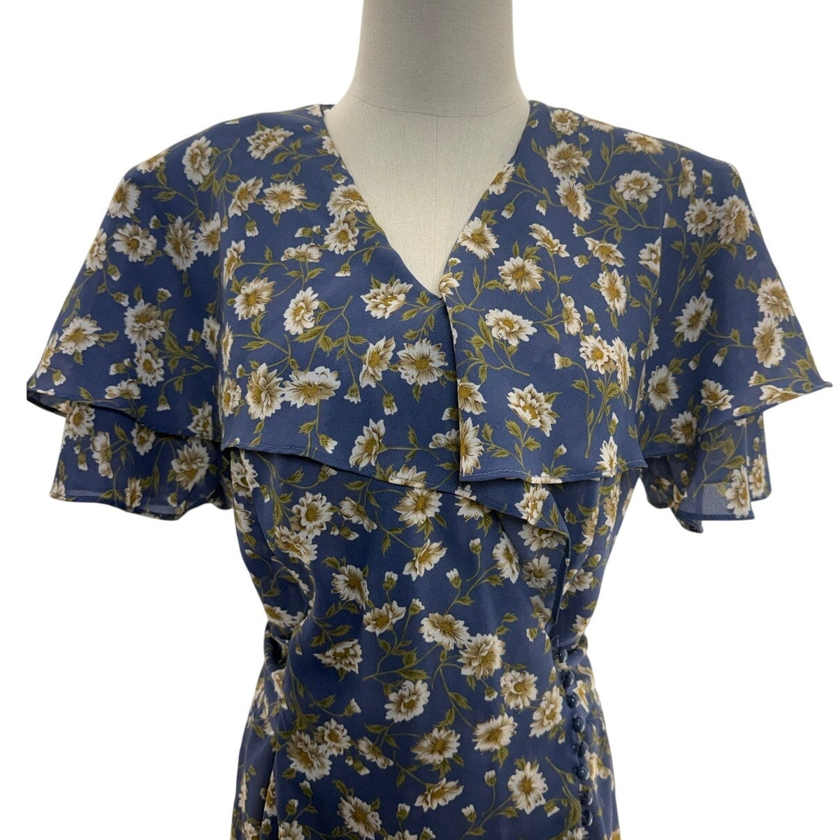 Vintage 80s Kristy Michaels Blue Floral Midi Dress Tie Waist A-Line Women's 12