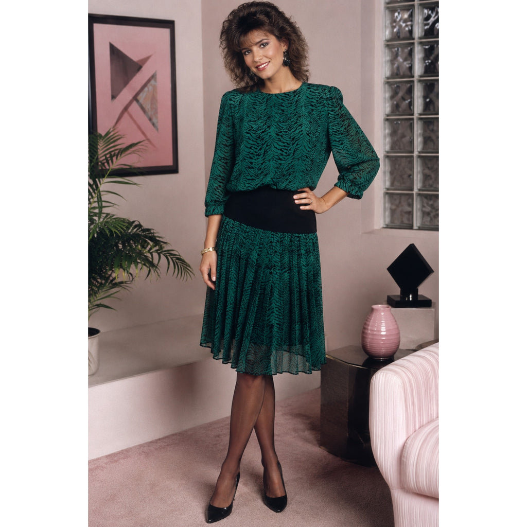 Vintage 1980s VLP Green Black Animal Print Peplum Midi Dress Size 8
