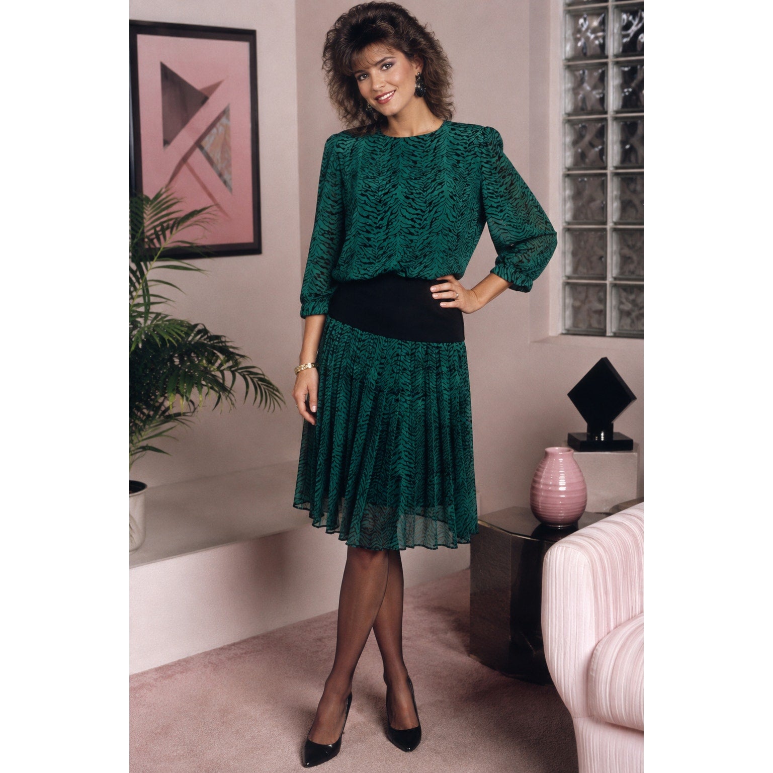 Vintage 1980s VLP Green Black Animal Print Peplum Midi Dress Size 8