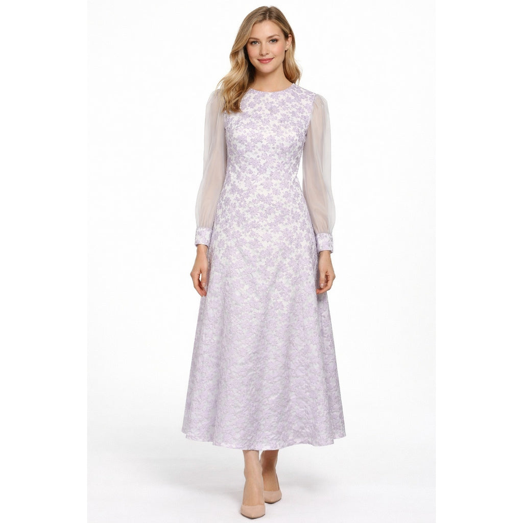 Vintage 60s Womens Medium Lavender Satin A-Line Maxi Dress Sheer Sleeve Floral