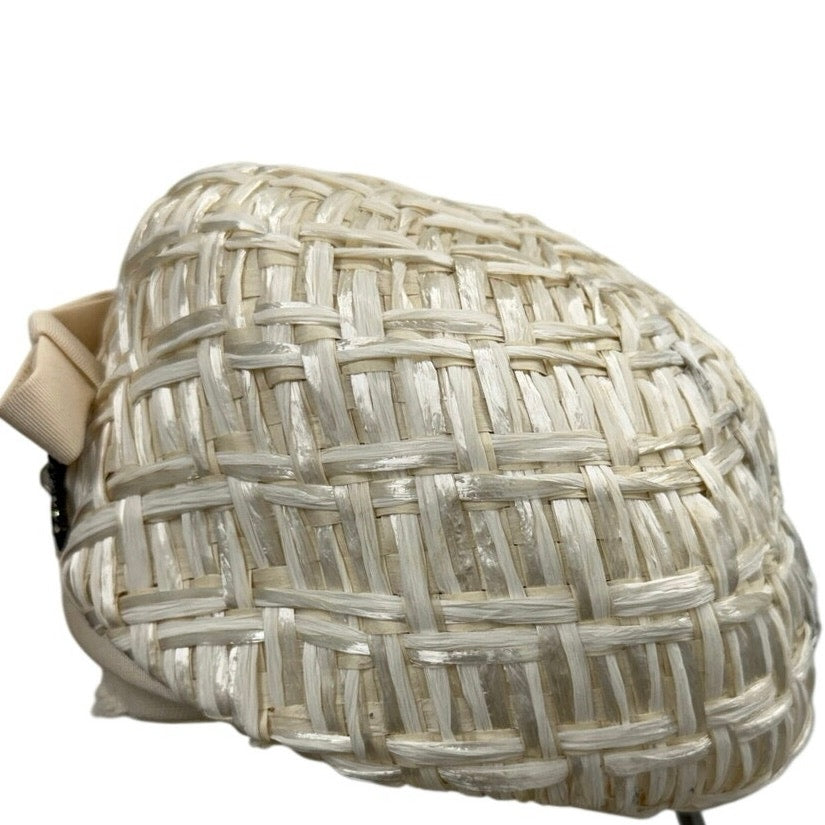 Vintage 1960s White Raffia Pillbox Hat Rhinestone Bow Union Label