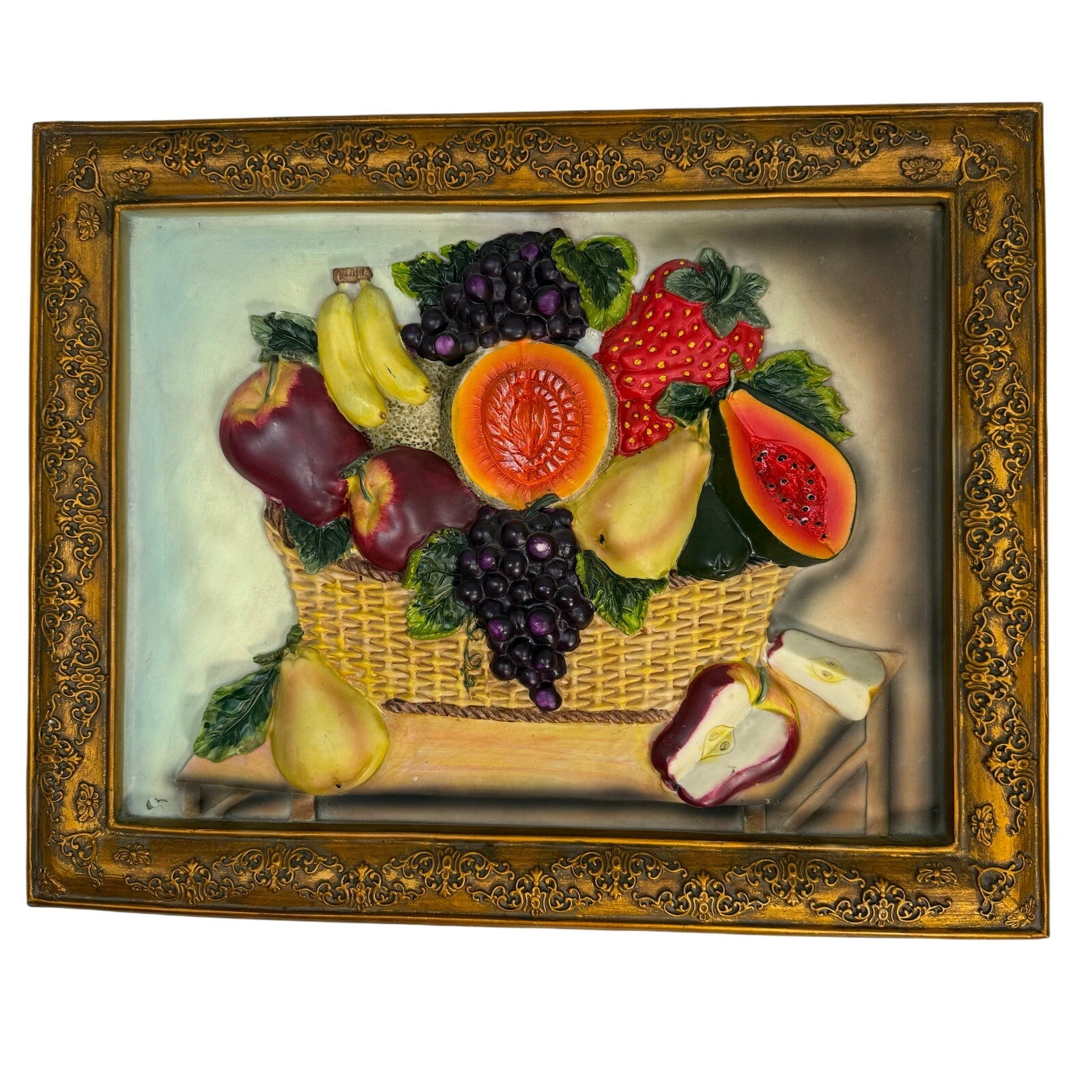 Vintage 70s 3D Raised Fruit Still Life Framed Wall Art Textured Relief