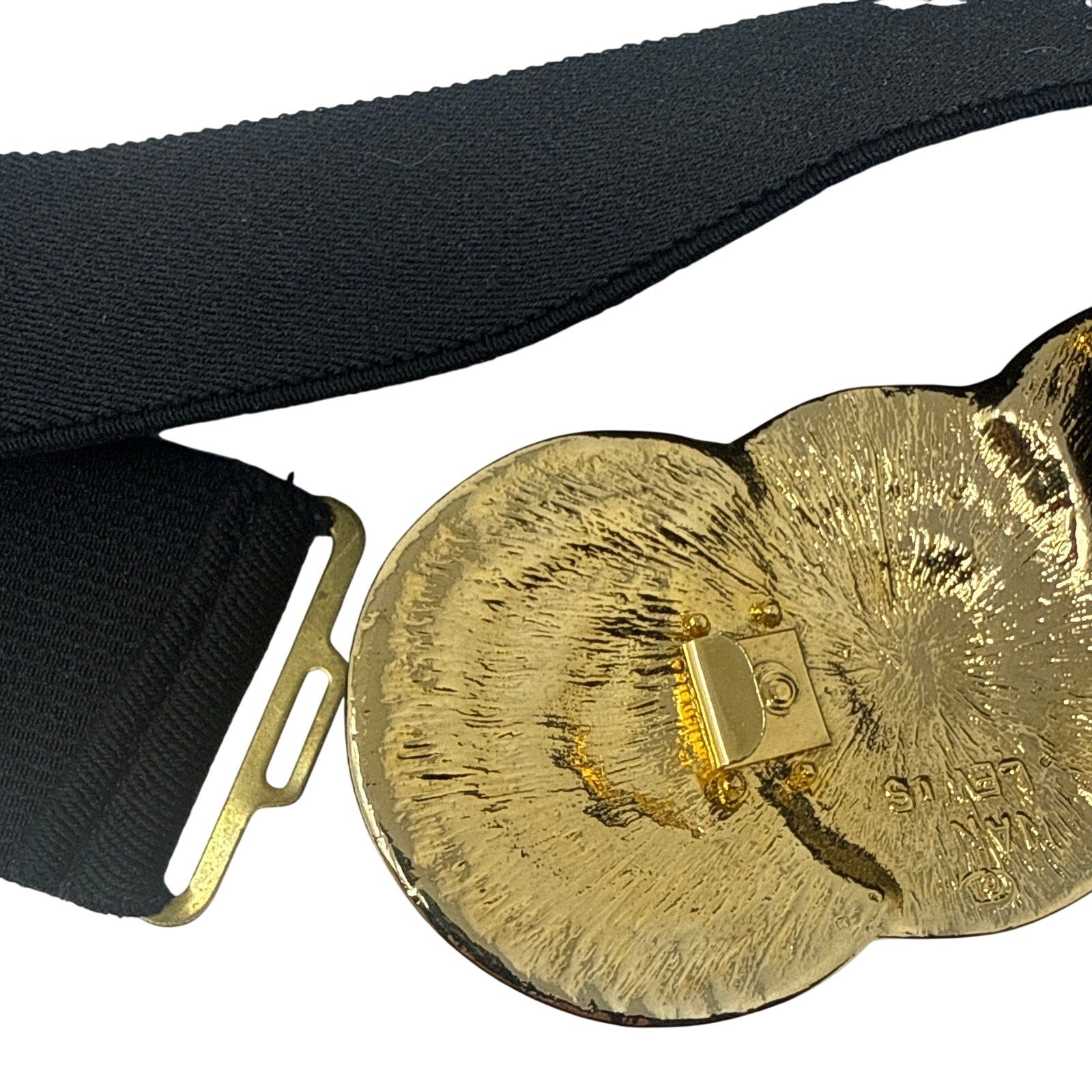 Vintage 80s Nan Lewis Navy Stretch Belt Gold Enamel Medallion Buckle