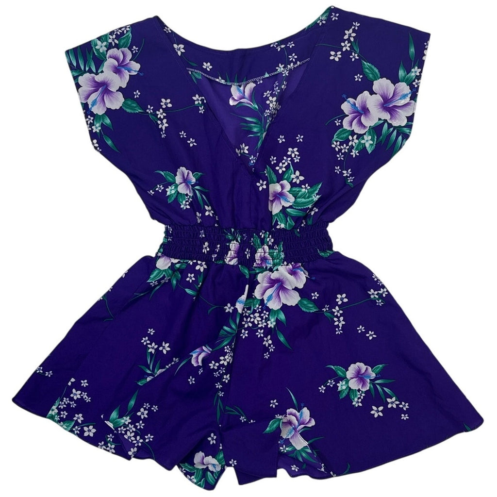 Vintage 80s Purple Hawaiian Floral Romper Sunsuit Womens Small