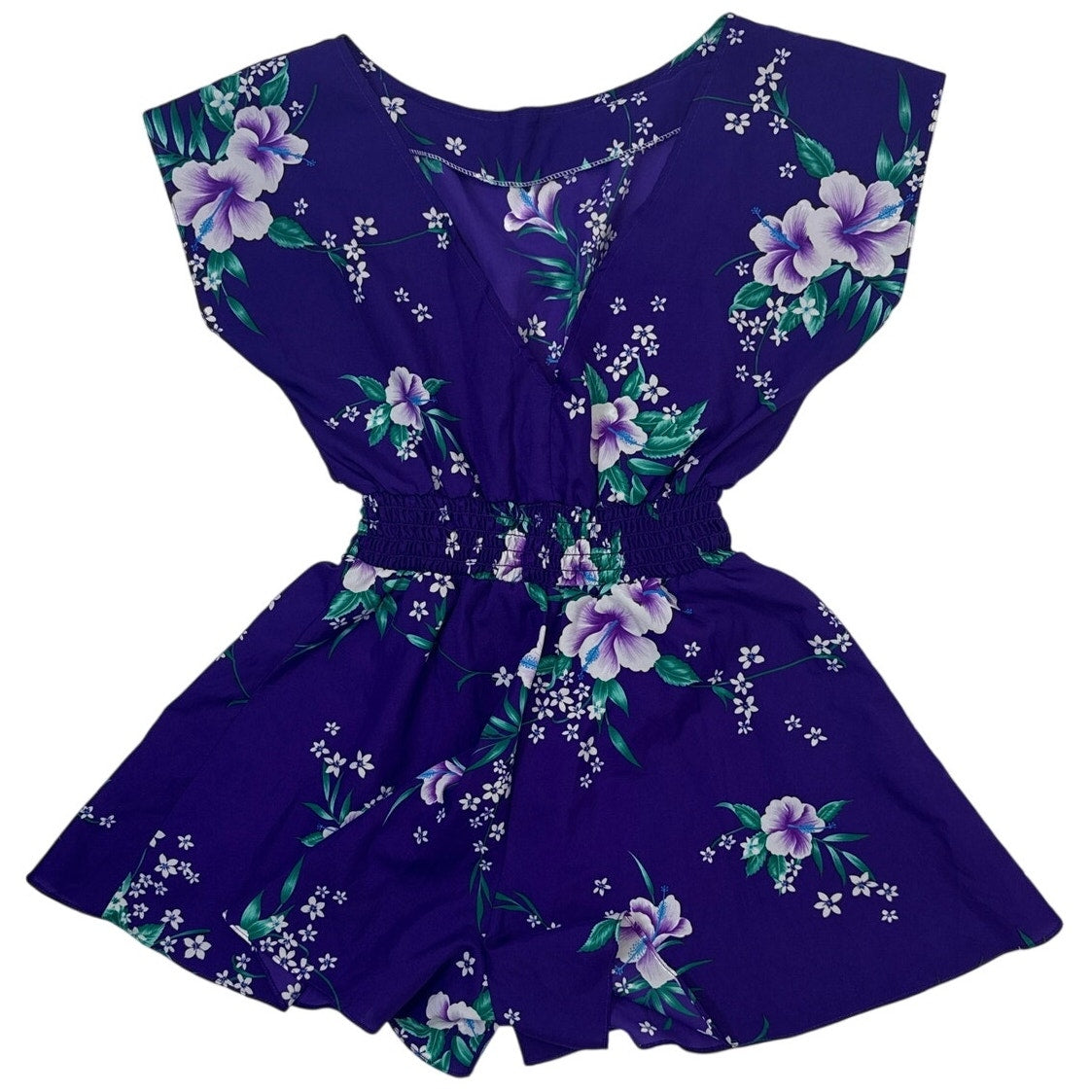 Vintage 80s Purple Hawaiian Floral Romper Sunsuit Womens Small