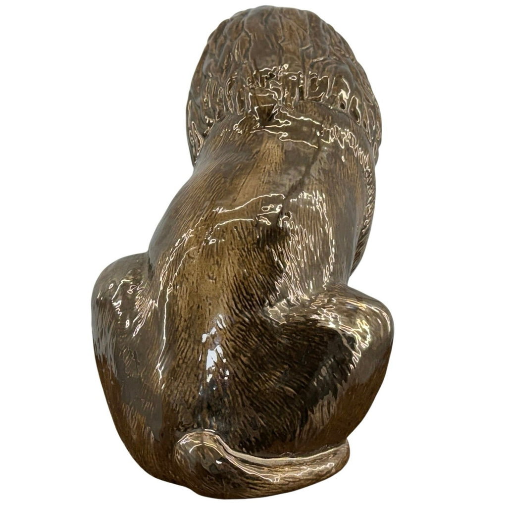 Vintage 90s Lion Sculpture Bronze Brown Glazed Pottery Statue 12"