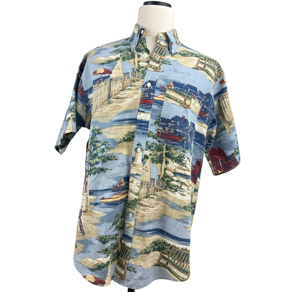 Vintage 90s Nautica Mens Coastal Print Linen Cotton Shirt Mens Medium