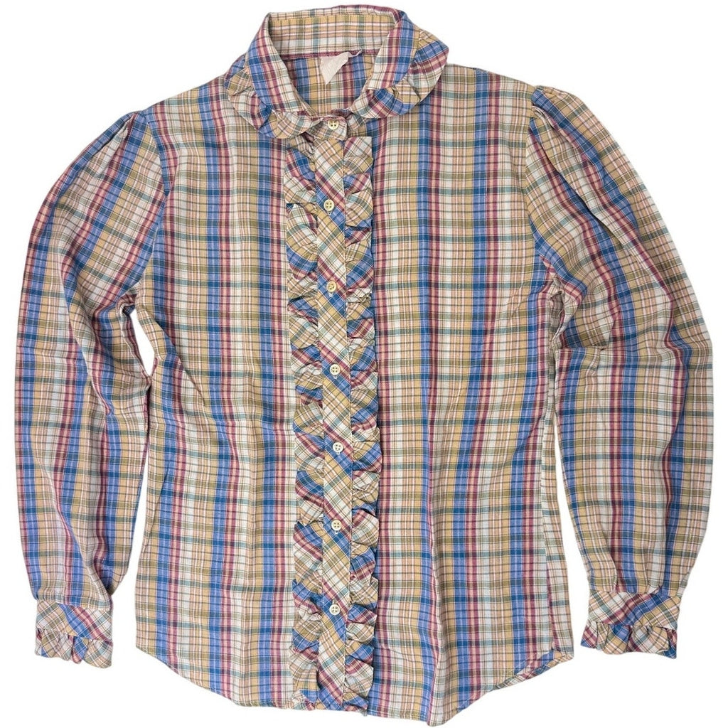 Vintage 70s Plaid Ruffle Blouse Gold Lurex Prairie Shirt Women's XS