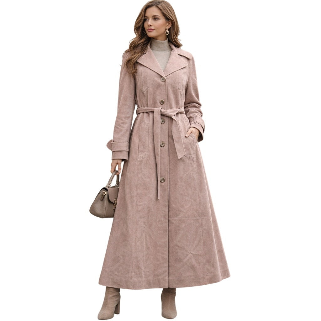 Vintage 80s Women's Medium Pink Trench Coat Belted Maxi Ultrasuede