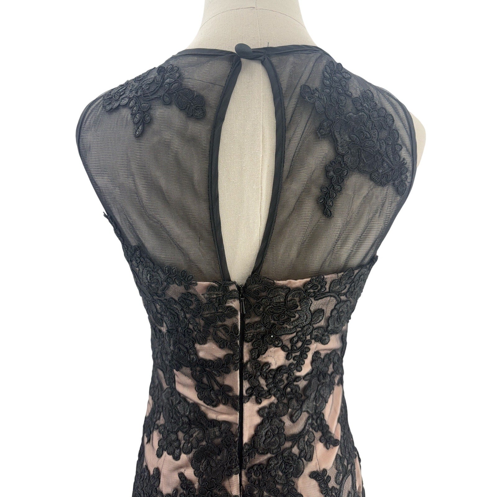 Vintage 90s Black Lace Mermaid Evening Gown Nude Illusion Formal Dress XS Petite