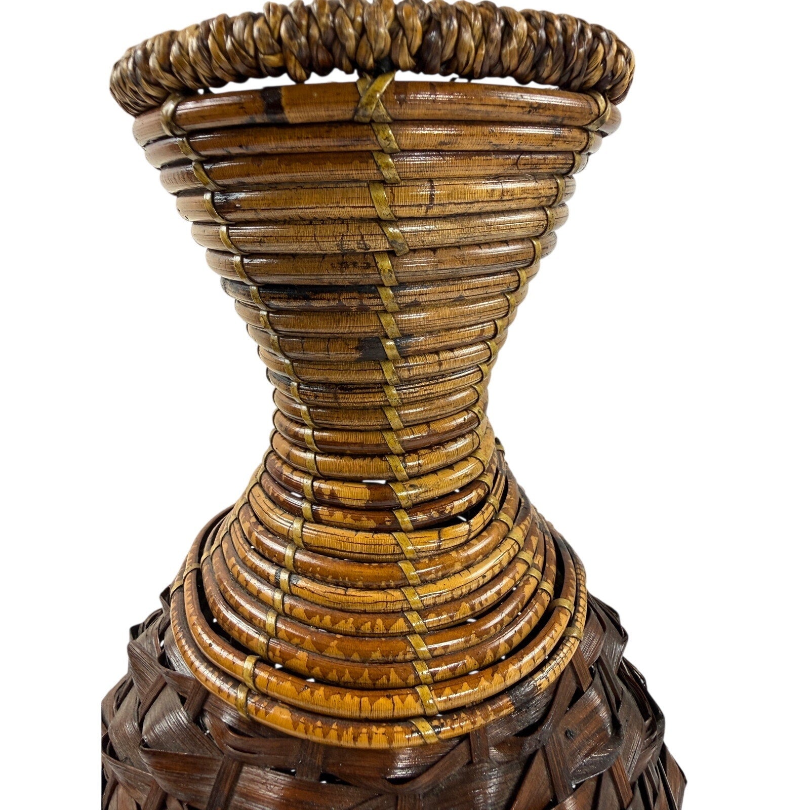 Vintage 90s Handwoven Rattan Wicker Vase 15 Brown Boho Basket Decor