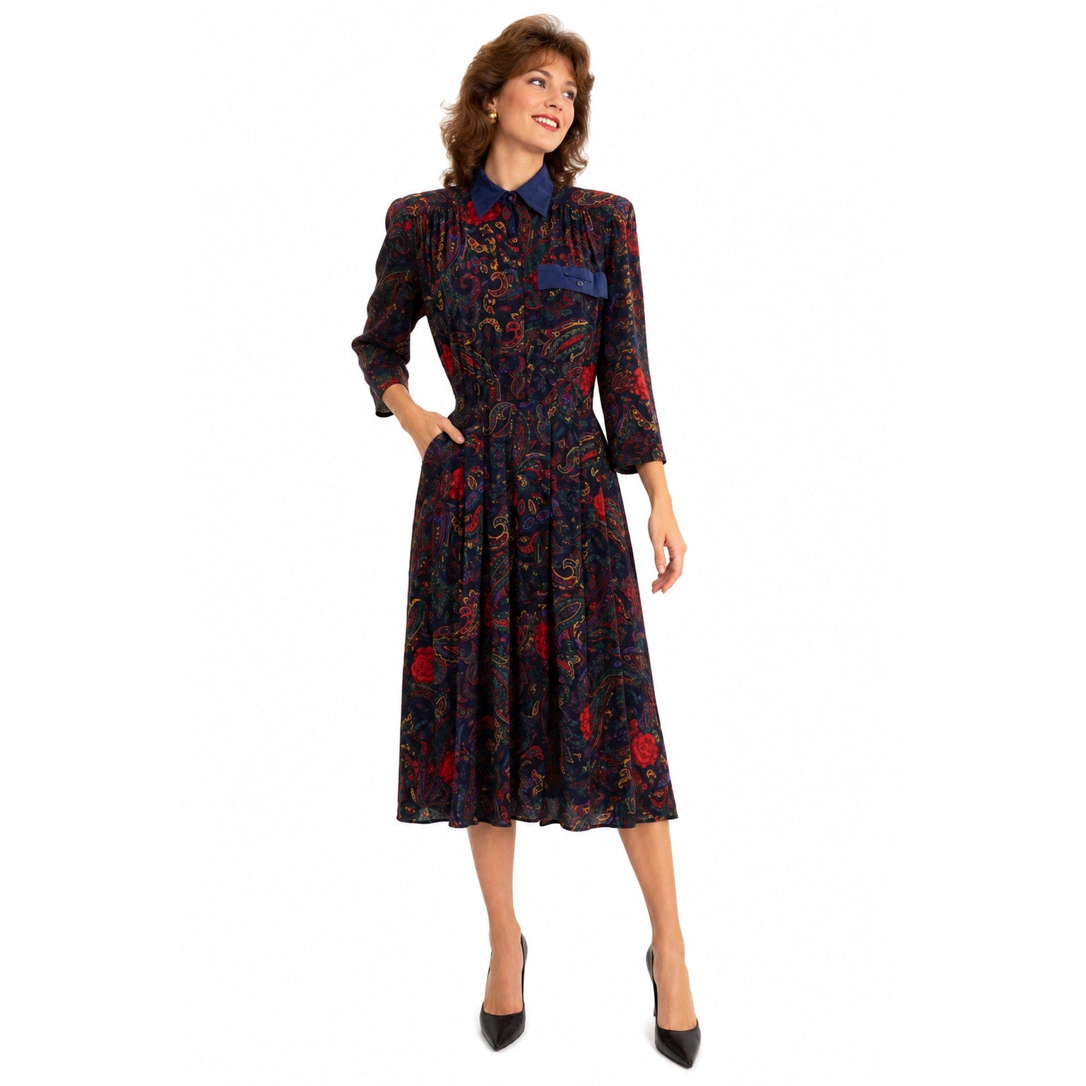 Vintage 80s Tarenti Paisley Rayon Midi Dress Navy Red Pleated Pockets Small