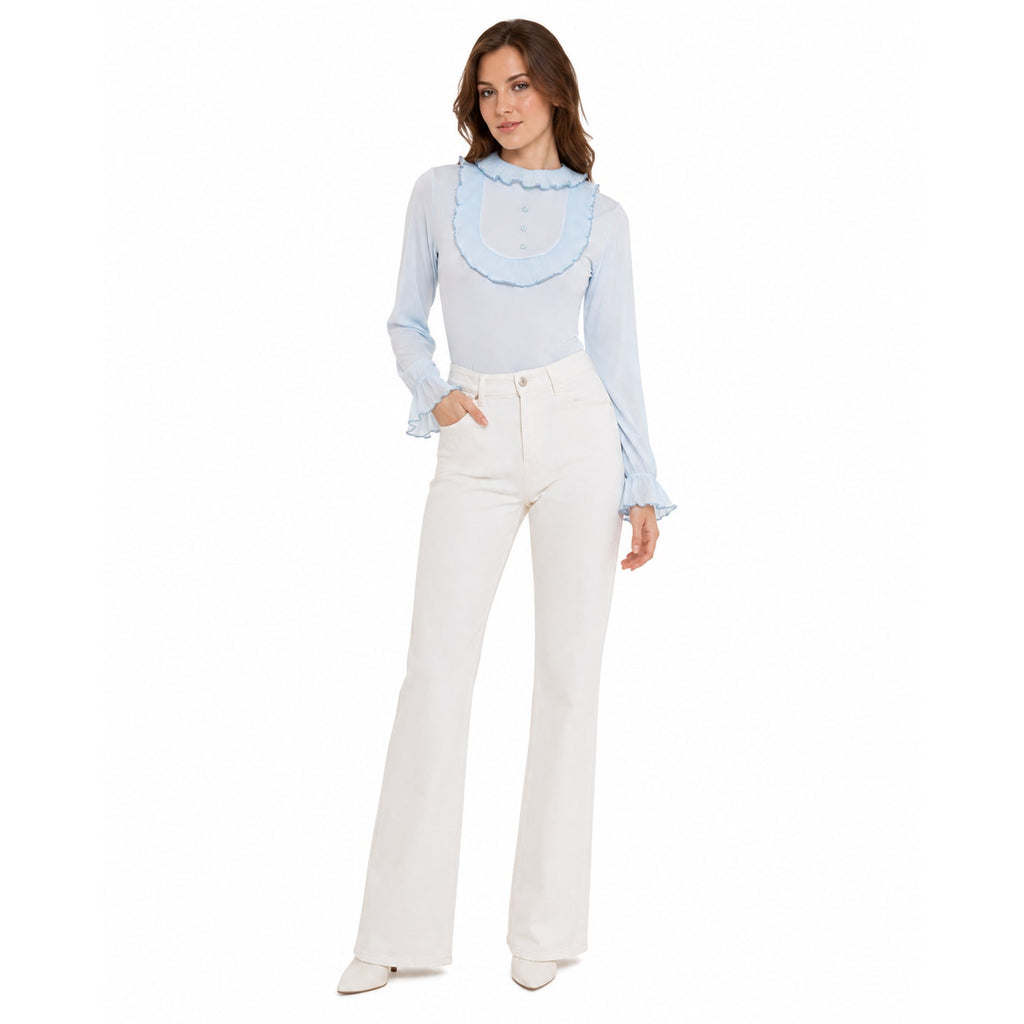 Vintage 70s Baronet Baby Blue Pleated Trim Long Sleeve Bodysuit Women Medium